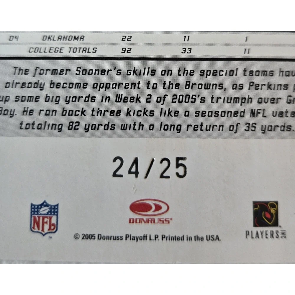 Antonio Perkins 2005 Leaf Rookies Stars‎ Rookie Longevity /25 Browns Oklahoma